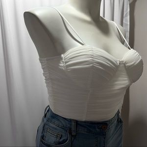 Off White Mesh Ruched Bust Cup Crop Top